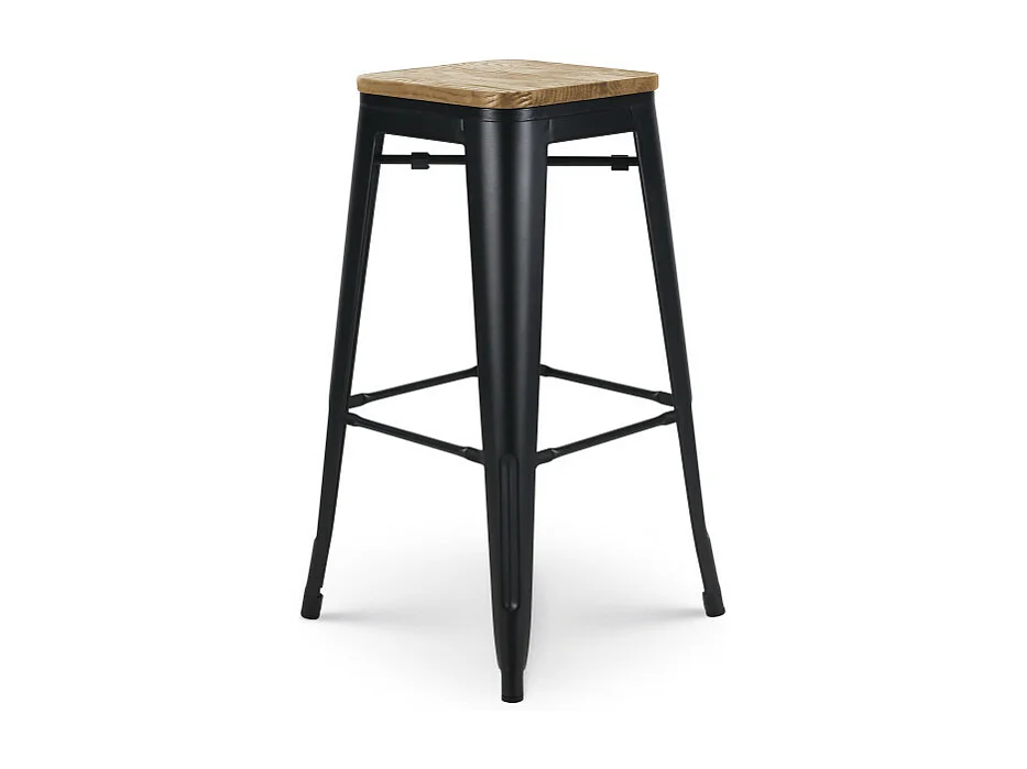 Tabouret de bar en métal noir mat style industriel et assise en bois clair - Hauteur 76 cm