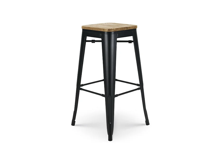 Tabouret de bar en métal noir mat style industriel et assise en bois clair - Hauteur 76 cm