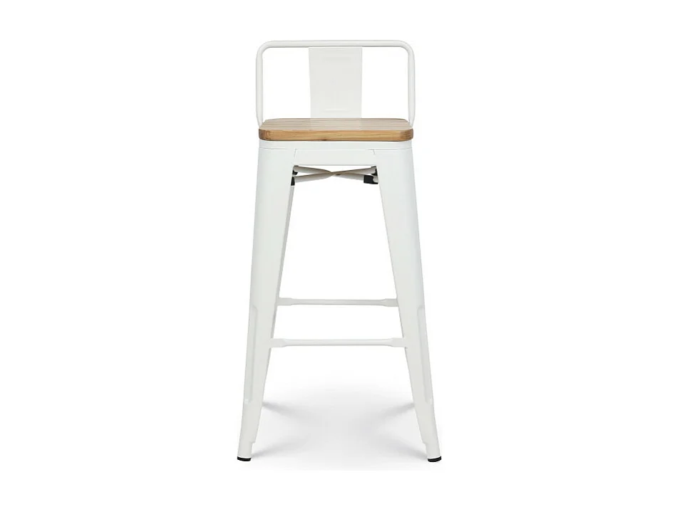 Tabouret en métal blanc mat style industriel avec dossier et assise en bois clair - Hauteur 66cm