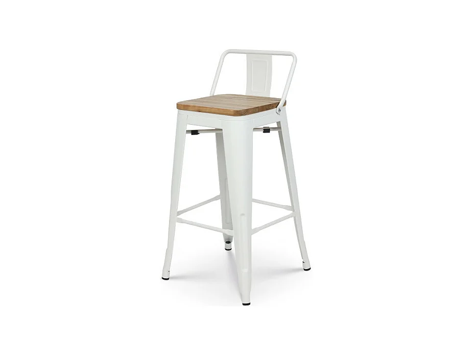 Tabouret en métal blanc mat style industriel avec dossier et assise en bois clair - Hauteur 66cm