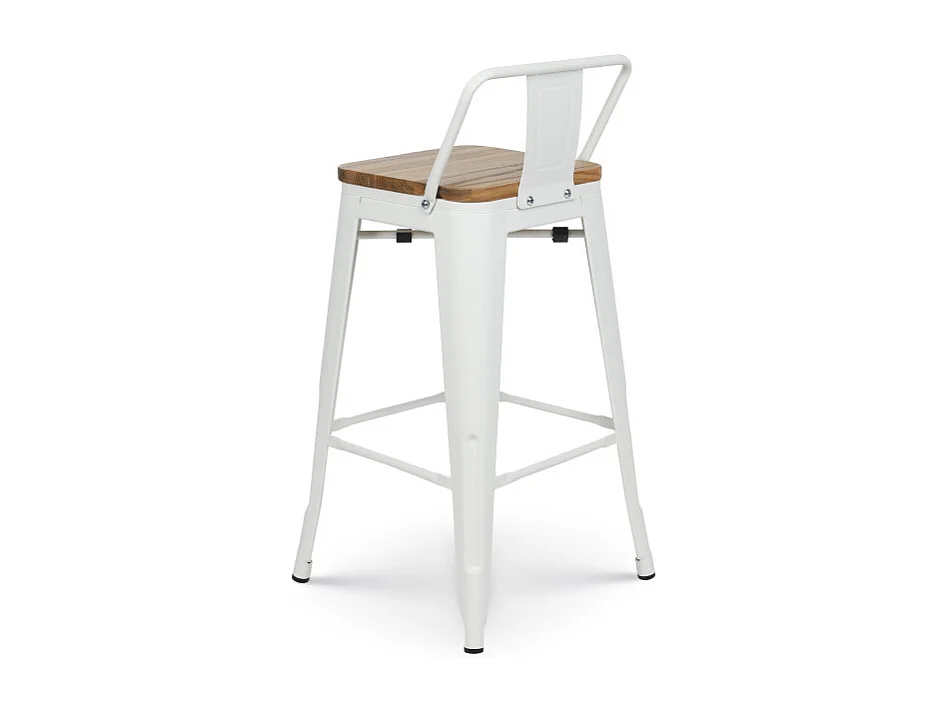 Tabouret en métal blanc mat style industriel avec dossier et assise en bois clair - Hauteur 66cm