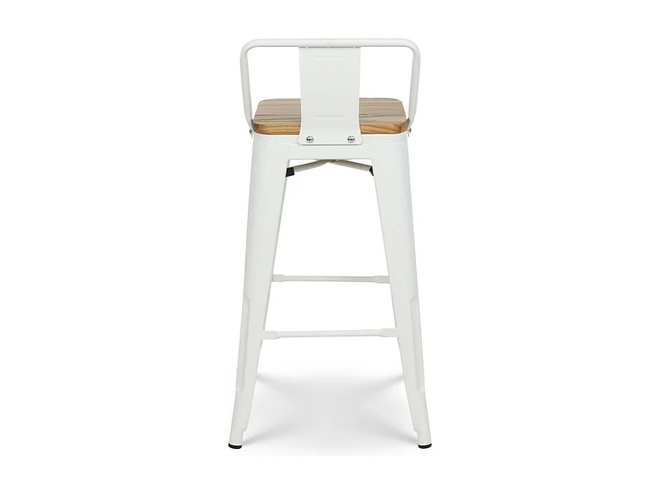 Tabouret en métal blanc mat style industriel avec dossier et assise en bois clair - Hauteur 66cm