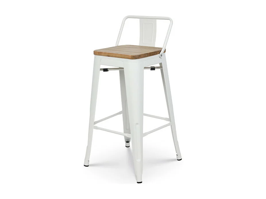 Lot de 4 tabourets de bar en métal blanc mat style industriel avec dossier et assise en bois clair - Hauteur 76 cm
