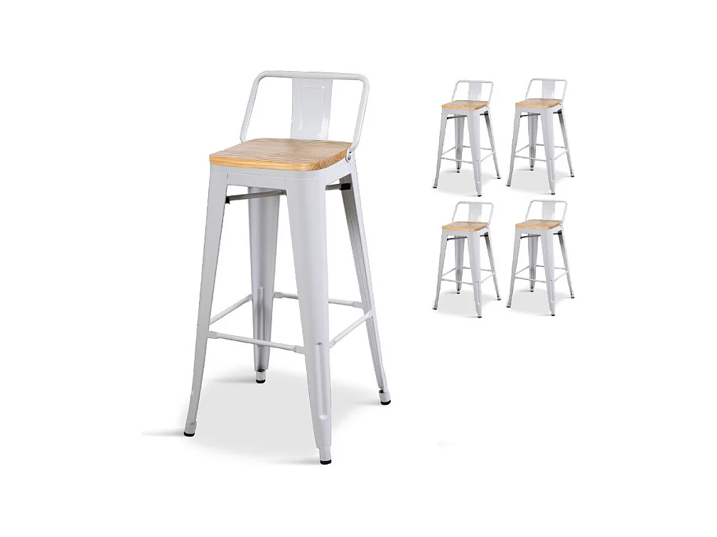 Lot de 4 tabourets de bar en métal blanc mat style industriel avec dossier et assise en bois clair - Hauteur 76 cm