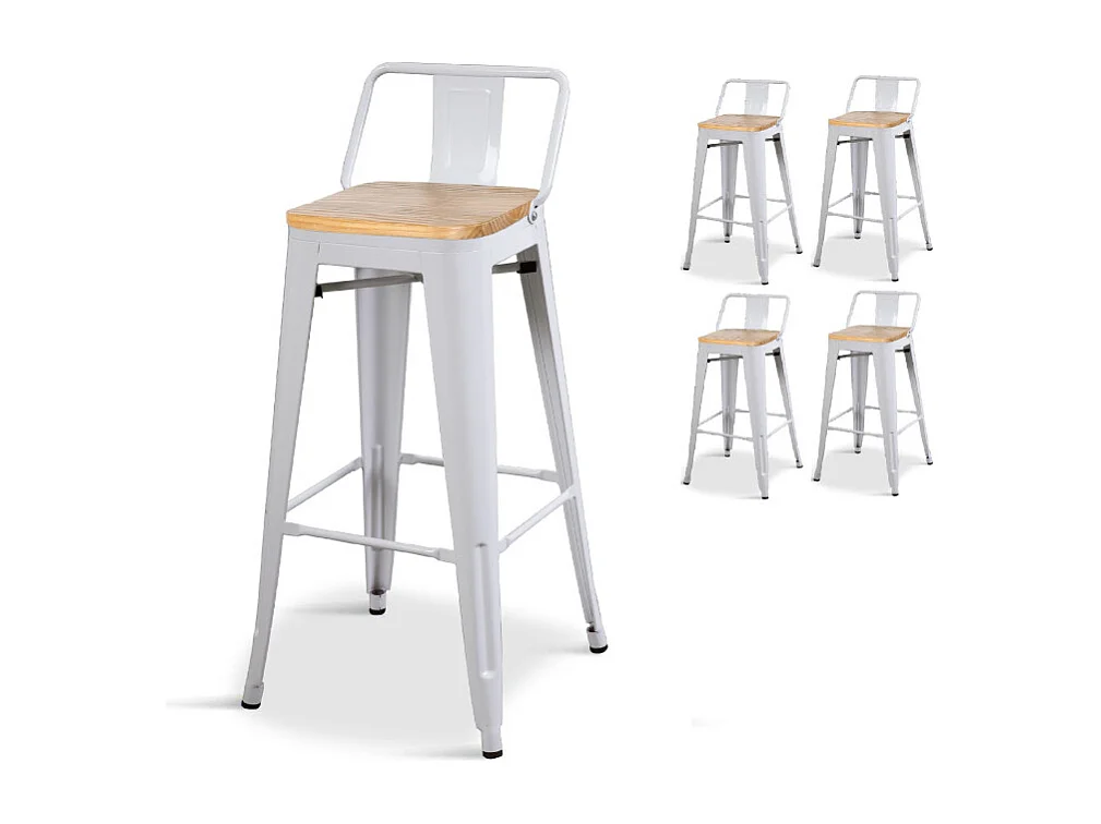 Lot de 4 tabourets de bar en métal blanc mat style industriel avec dossier et assise en bois clair - Hauteur 76 cm