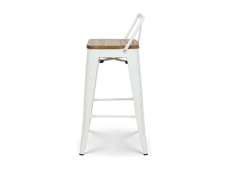 Lot de 4 tabourets de bar en métal blanc mat style industriel avec dossier et assise en bois clair - Hauteur 76 cm