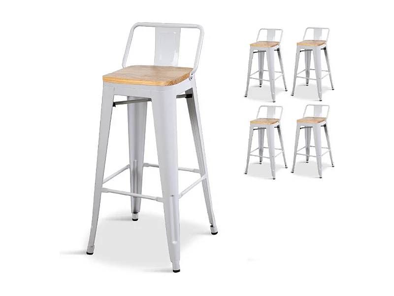 Lot de 4 tabourets de bar en métal blanc mat style industriel avec dossier et assise en bois clair - Hauteur 76 cm