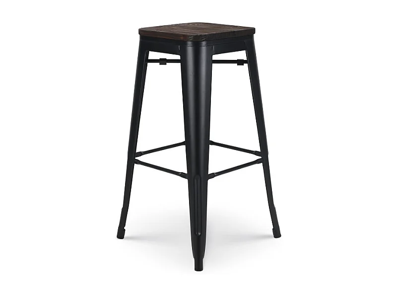 Tabouret de bar en métal noir mat style industriel et assise en bois foncé - Hauteur 76 cm