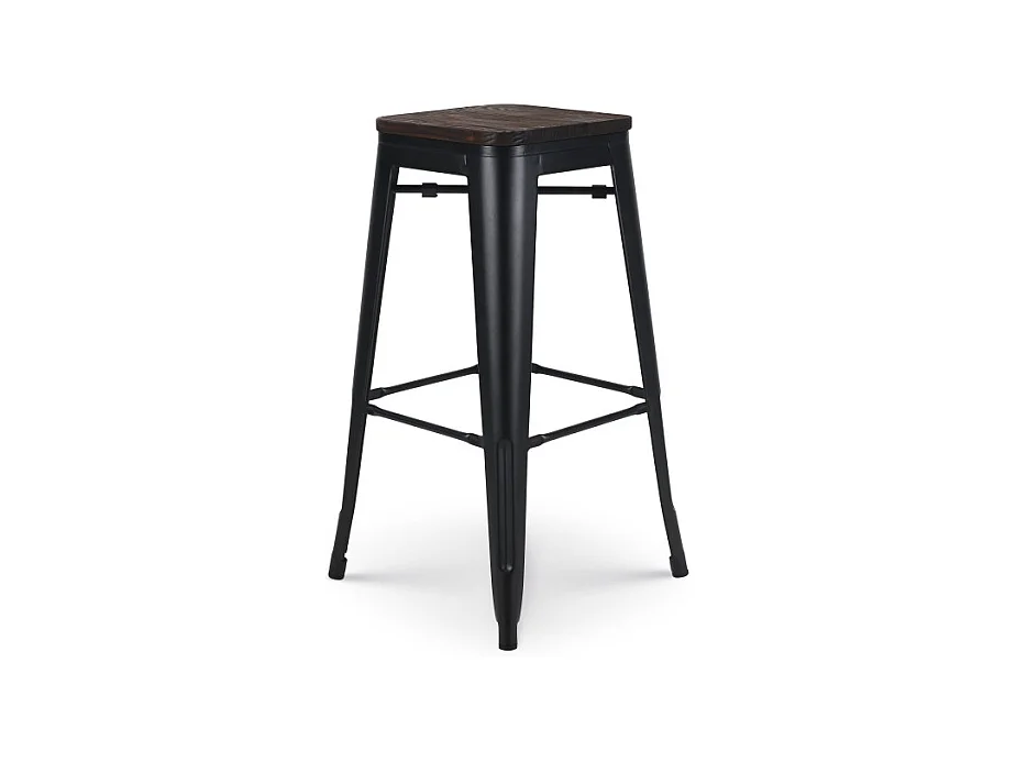 Tabouret de bar en métal noir mat style industriel et assise en bois foncé - Hauteur 76 cm