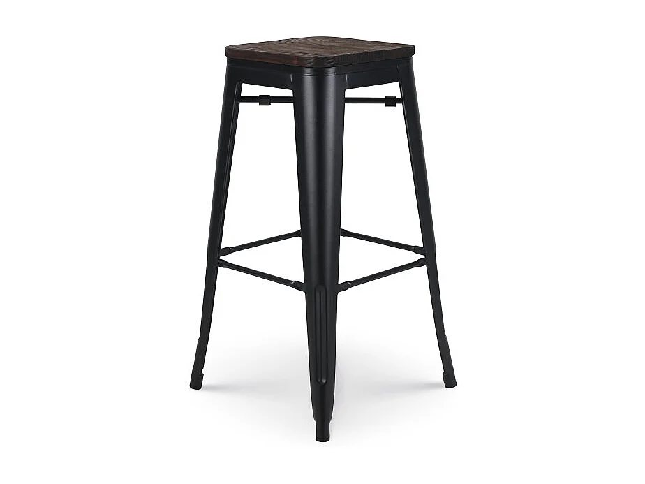 Tabouret de bar en métal noir mat style industriel et assise en bois foncé - Hauteur 76 cm