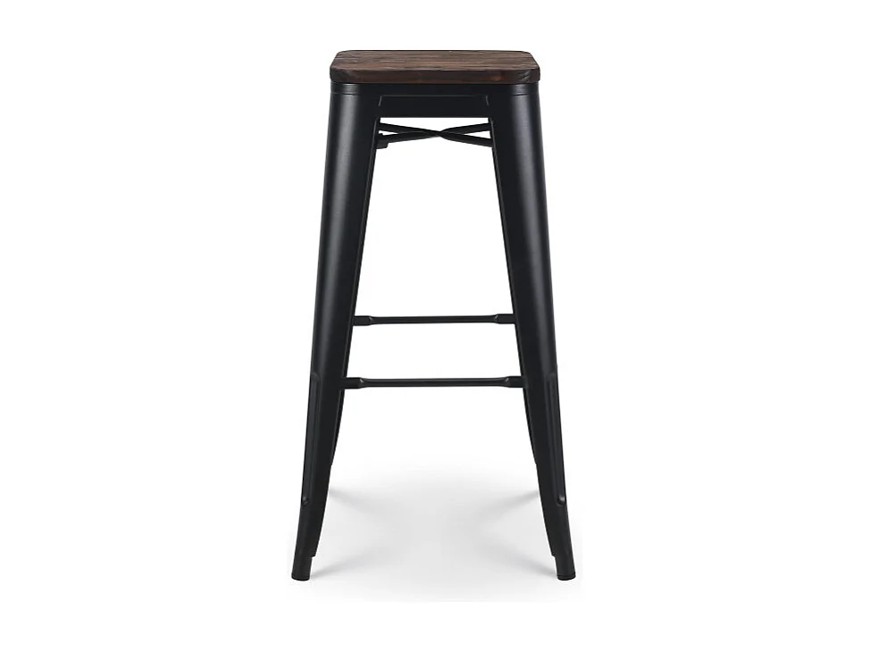 Tabouret de bar en métal noir mat style industriel et assise en bois foncé - Hauteur 76 cm