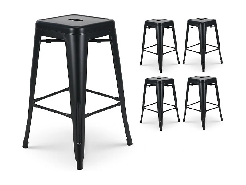Lot de 4 tabourets de bar en métal noir mat style industriel - Hauteur 66 cm