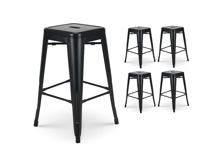 Lot de 4 tabourets de bar en métal noir mat style industriel - Hauteur 66 cm