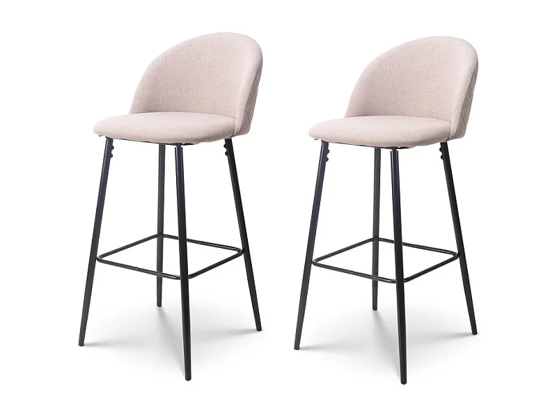 Lot de 2 Chaises de Bar Design Moderne avec Dossier – Tabouret Haut en Tissu Beige et Pieds Métal Noir – Hauteur 76 cm