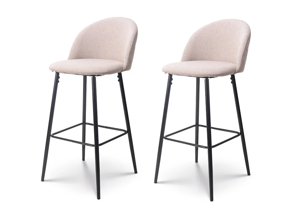 Lot de 2 Chaises de Bar Design Moderne avec Dossier – Tabouret Haut en Tissu Beige et Pieds Métal Noir – Hauteur 76 cm