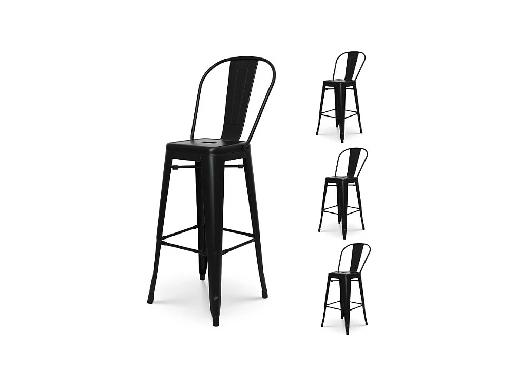 Lot de 4 tabourets de bar en métal noir mat style industriel - Avec dossier haut - Hauteur 76 cm