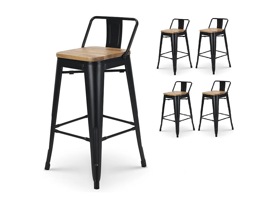Lot de 4 tabourets de bar en métal noir mat style industriel avec dossier et assise en bois clair - Hauteur 66cm