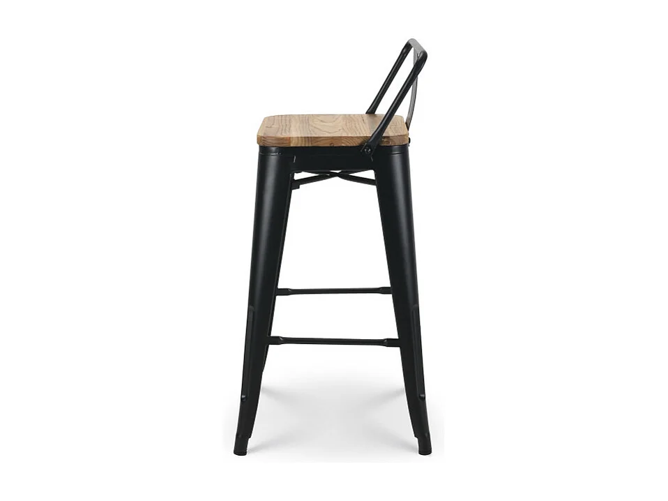 Lot de 4 tabourets de bar en métal noir mat style industriel avec dossier et assise en bois clair - Hauteur 66cm