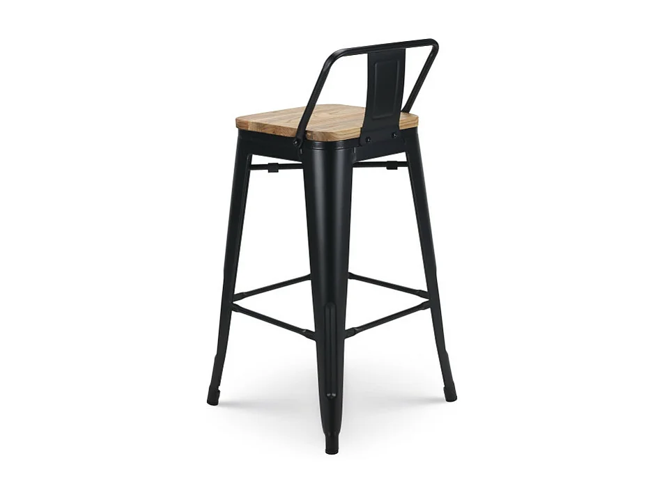 Lot de 4 tabourets de bar en métal noir mat style industriel avec dossier et assise en bois clair - Hauteur 66cm