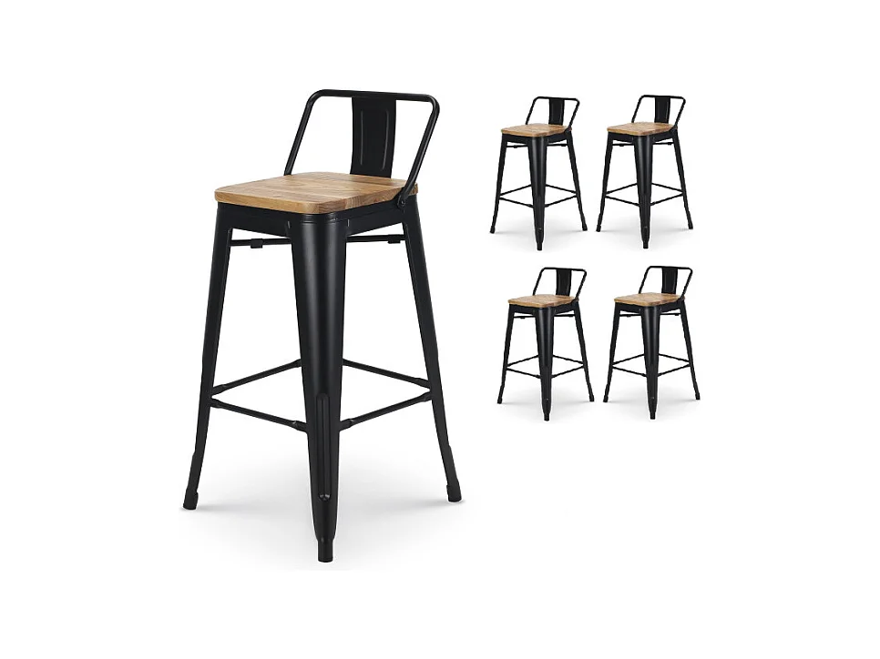 Lot de 4 tabourets de bar en métal noir mat style industriel avec dossier et assise en bois clair - Hauteur 66cm