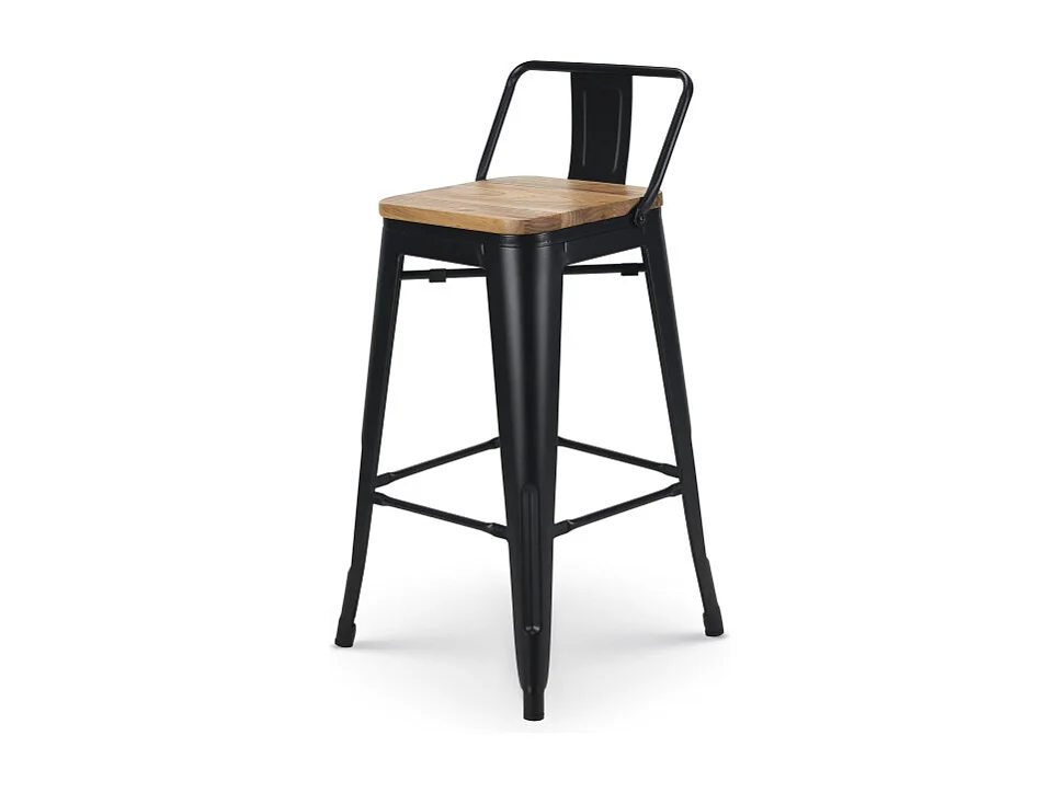 Lot de 4 tabourets de bar en métal noir mat style industriel avec dossier et assise en bois clair - Hauteur 66cm