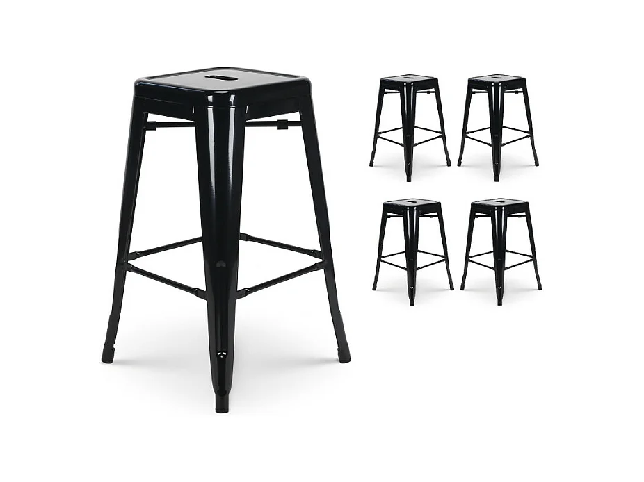 Lot de 4 tabourets de bar en métal noir brillant style industriel - Sans dossier - Hauteur 66 cm