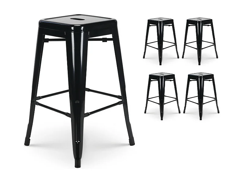 Lot de 4 tabourets de bar en métal noir brillant style industriel - Sans dossier - Hauteur 66 cm