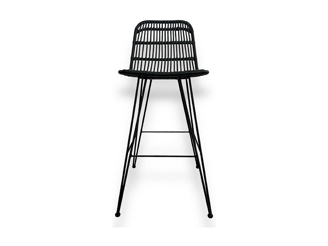 Tabouret de bar noir style nature aspect rotin en résine tressée et pieds en métal noir