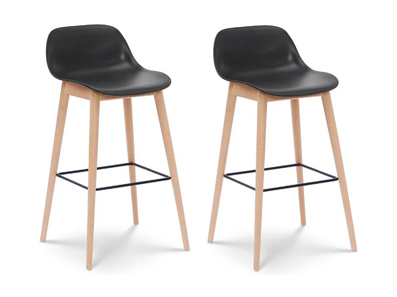 Lot de 2 tabourets de bar noirs style scandinave avec pieds en bois naturel - Hauteur 66 cm
