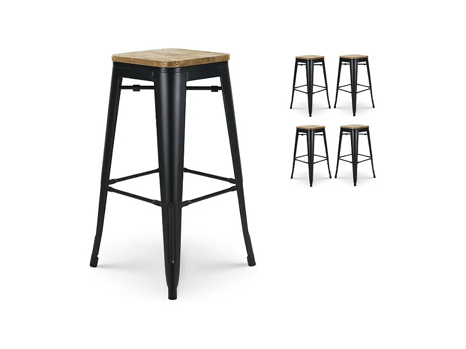 Lot de 4 tabourets de bar en métal noir mat style industriel et assise en bois clair - Hauteur 76 cm
