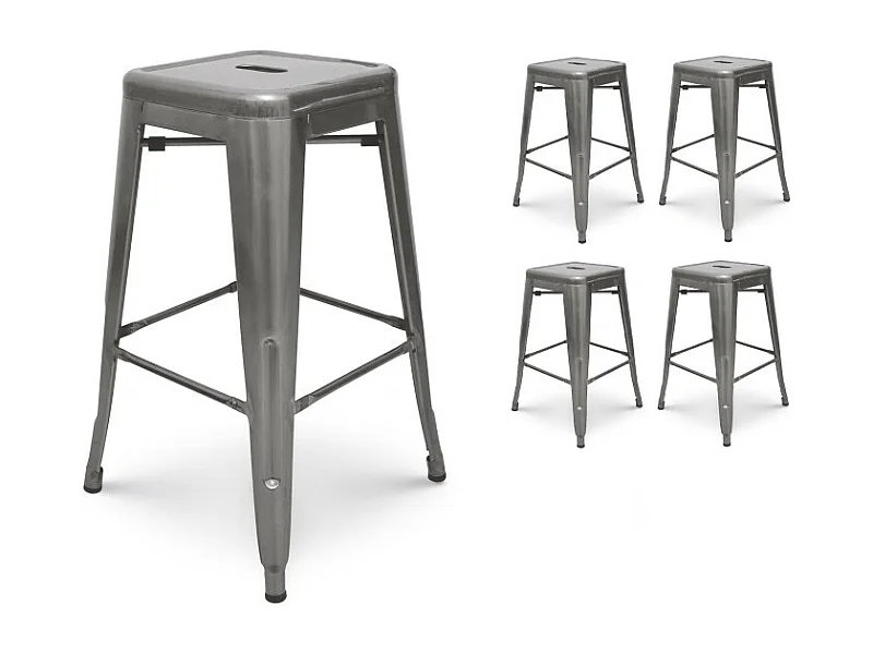 Lot de 4 tabourets de bar en métal brut aspect galvanisé style industriel - Hauteur 66 cm