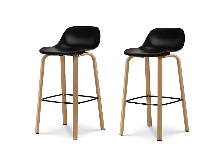 Lot de 2 tabourets de bar noirs style scandinave avec pieds effet bois en métal - Hauteur 66cm