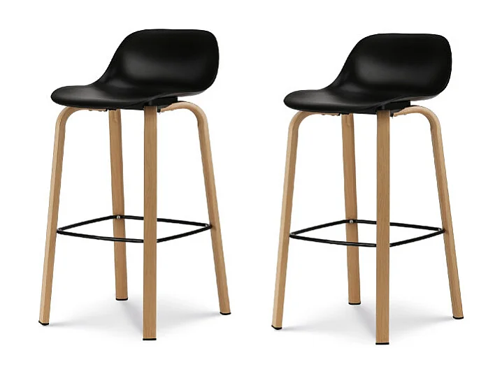 Lot de 2 tabourets de bar noirs style scandinave avec pieds effet bois en métal - Hauteur 66cm