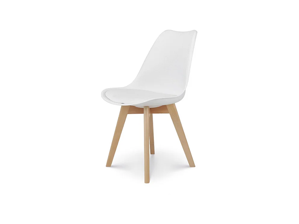 Chaise style scandinave VICTOIRE - Coque en résine blanche rembourrée et pieds en bois naturel