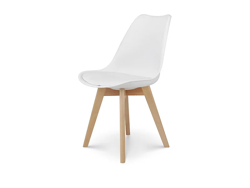 Chaise style scandinave VICTOIRE - Coque en résine blanche rembourrée et pieds en bois naturel