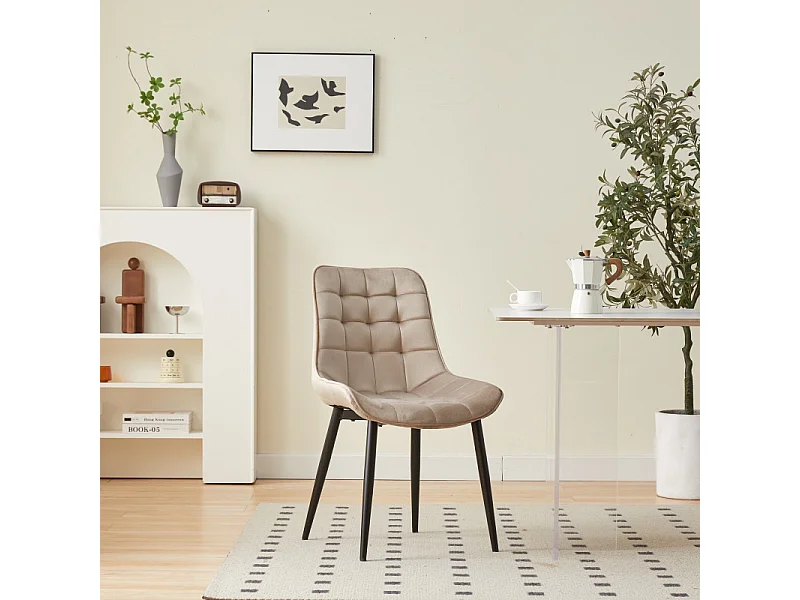 Chaise de salle à manger en velours beige – Assise rembourrée confortable – Pieds en métal noir