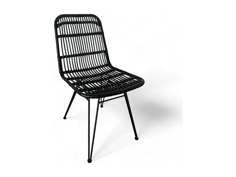 Lot de 2 chaises noires style nature aspect rotin en résine tressée et pieds en métal