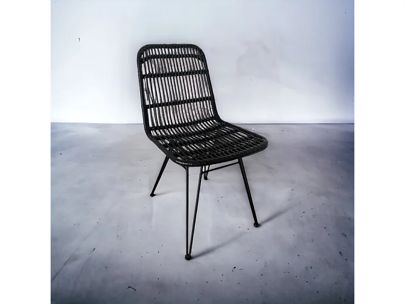 Lot de 2 chaises noires style nature aspect rotin en résine tressée et pieds en métal