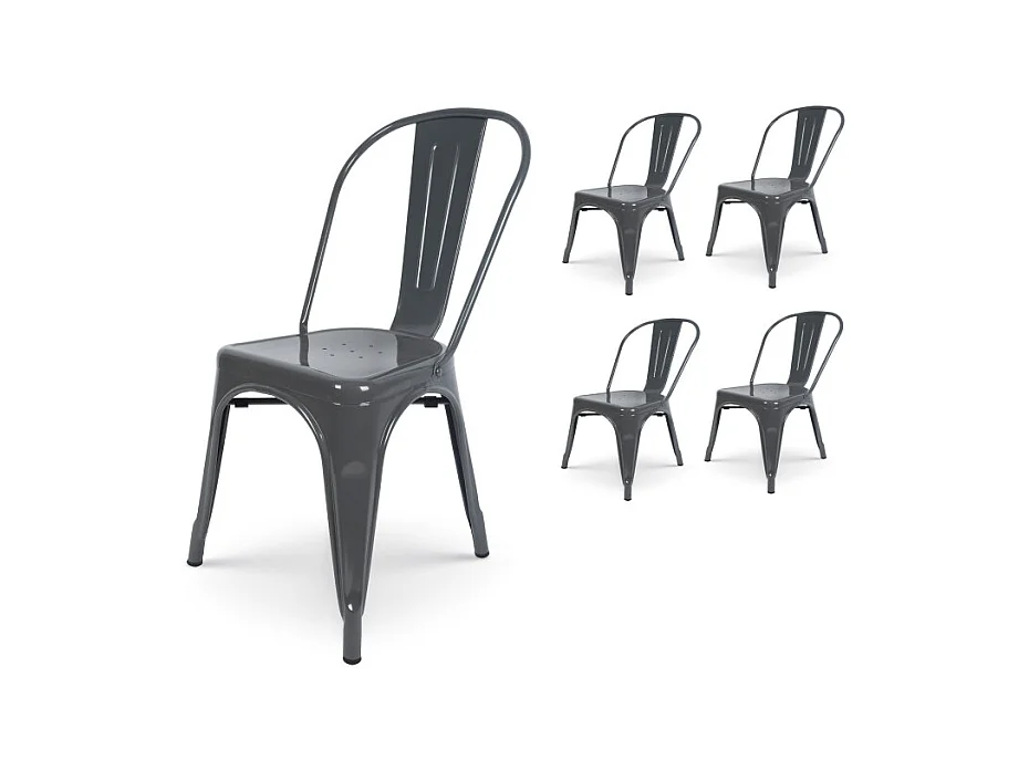 Lot de 4 chaises en métal gris foncé effet brillant - Style industriel