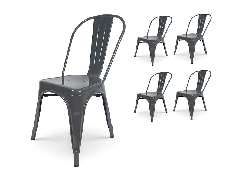 Lot de 4 chaises en métal gris foncé effet brillant - Style industriel