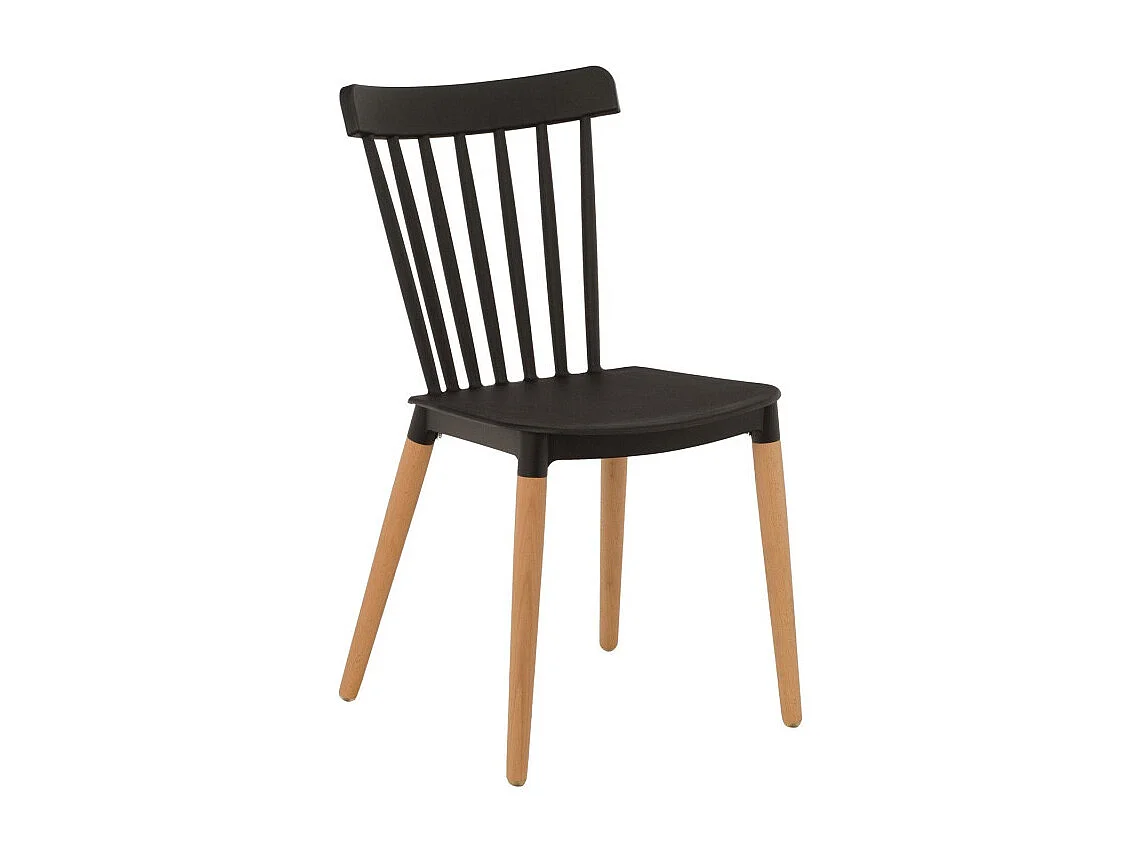 Chaise style scandinave à barreaux modèle POP - Coque en résine noire et pieds en bois naturel