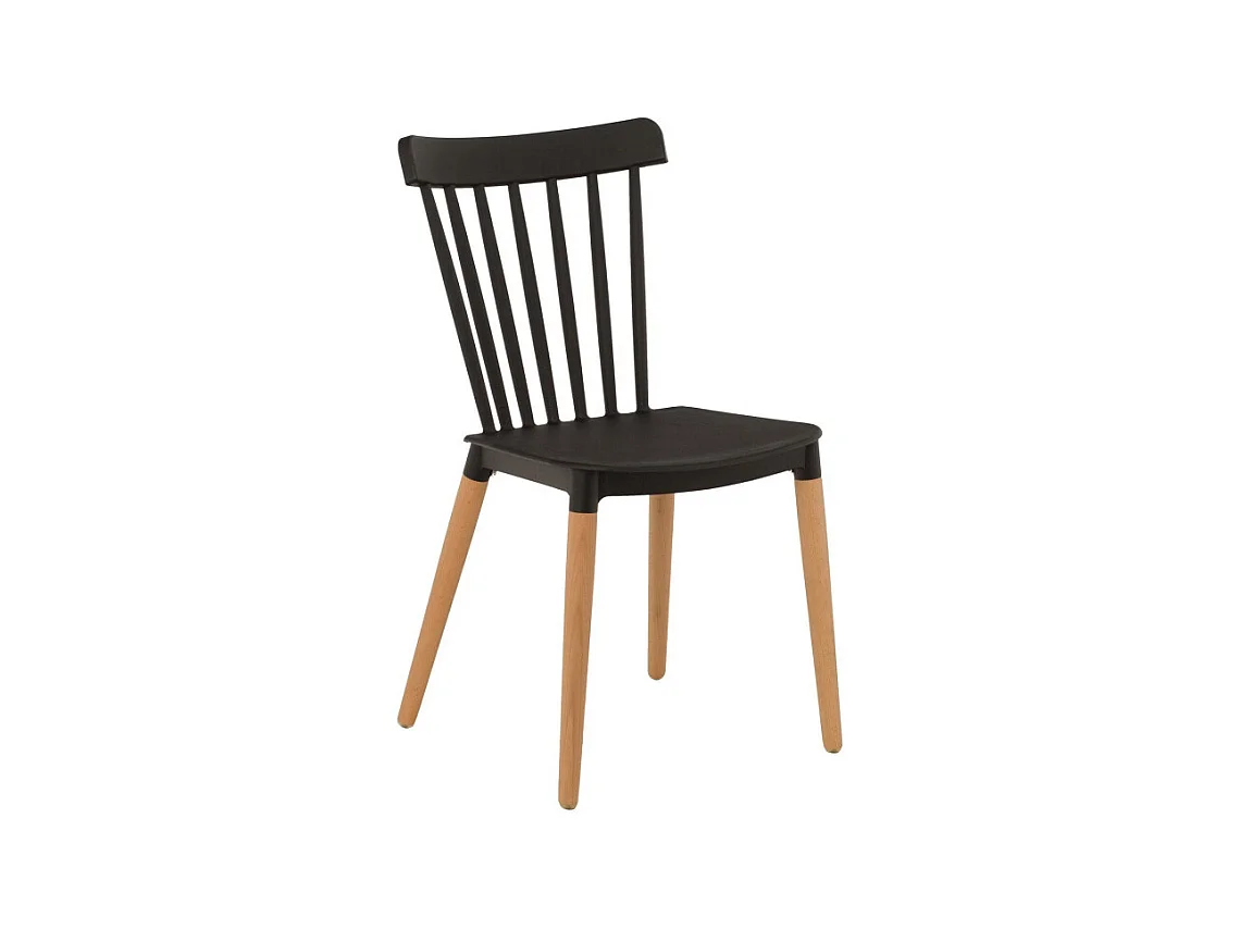 Chaise style scandinave à barreaux modèle POP - Coque en résine noire et pieds en bois naturel