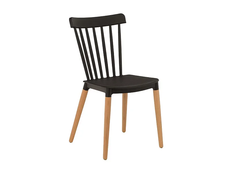 Chaise style scandinave à barreaux modèle POP - Coque en résine noire et pieds en bois naturel