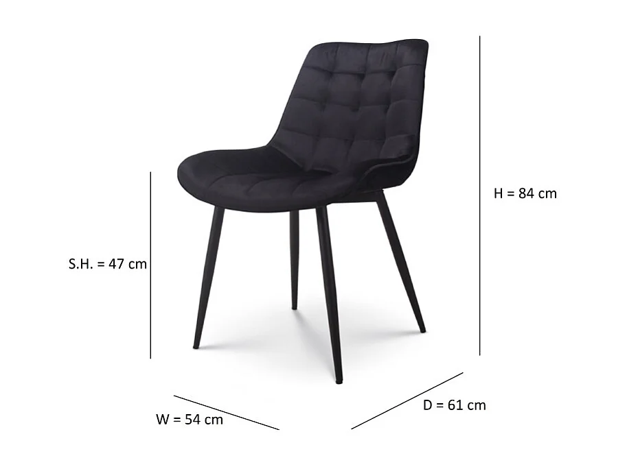 Chaise de salle à manger en velours noir – Assise rembourrée confortable – Pieds en métal noir