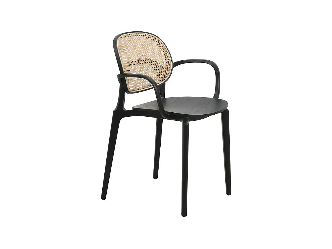 Fauteuil avec structure Noire, Assise Bois et Cannage Naturel