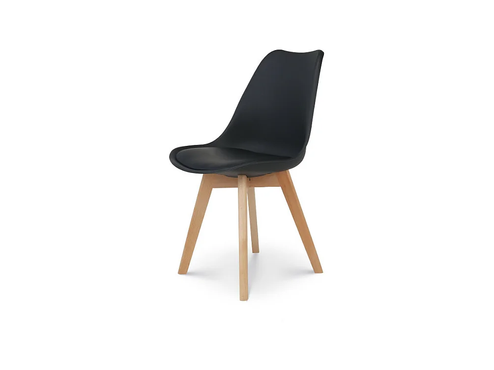 Chaise style scandinave VICTOIRE - Coque en résine noire rembourrée et pieds en bois naturel