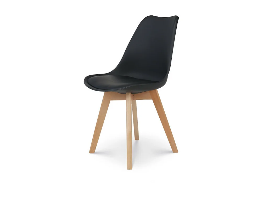 Chaise style scandinave VICTOIRE - Coque en résine noire rembourrée et pieds en bois naturel