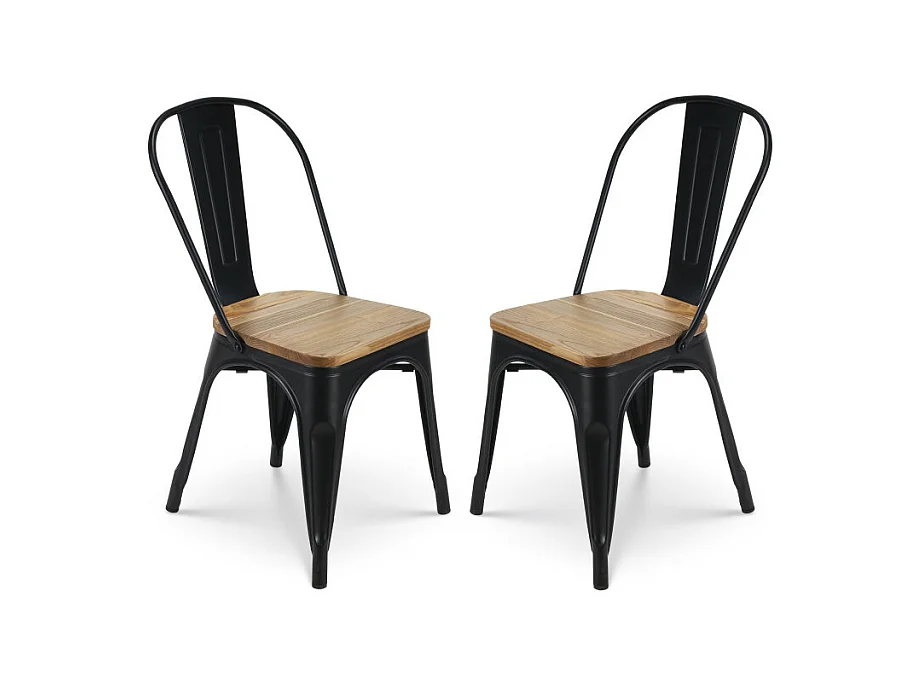 KOSMI - Lot de 2 chaises en métal noir mat et assise en bois clair - Style Industriel