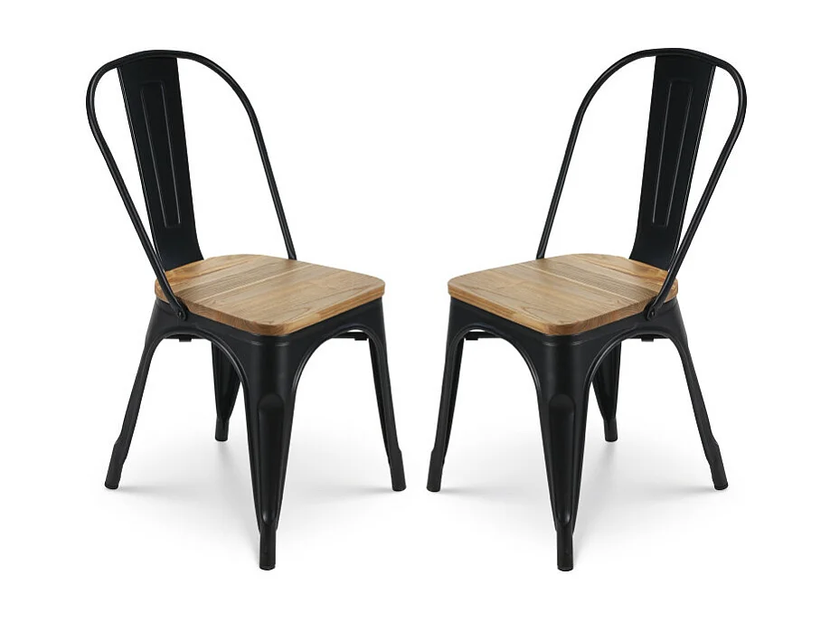 KOSMI - Lot de 2 chaises en métal noir mat et assise en bois clair - Style Industriel