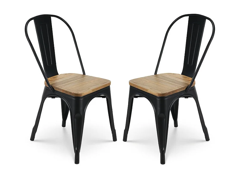 KOSMI - Lot de 2 chaises en métal noir mat et assise en bois clair - Style Industriel